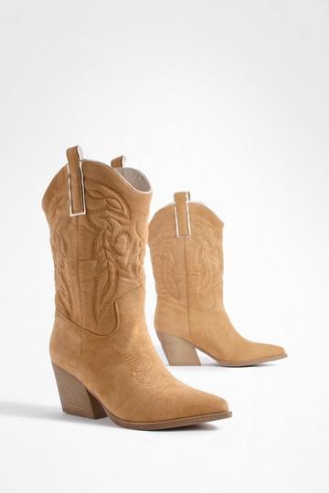 Tab Detail Embroidered Western Cowboy Boots camel