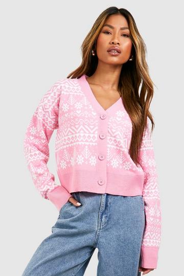 Pink Fairisle Christmas Crop Cardigan