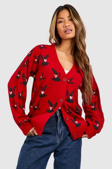 Holly Print Christmas Cardigan red