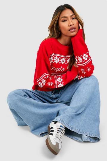 Jingle Bells Slogan Christmas Slouchy Crop Sweater red