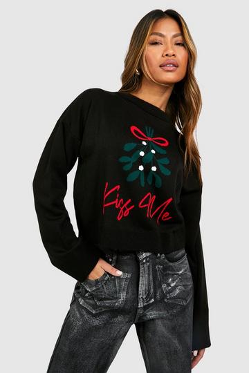 Kiss Me Slogan Fairisle Christmas Crop Sweater black