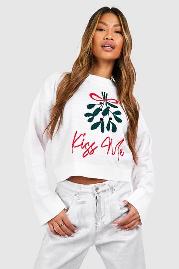 Kiss Me Slogan Fairisle Christmas Crop Jumper white