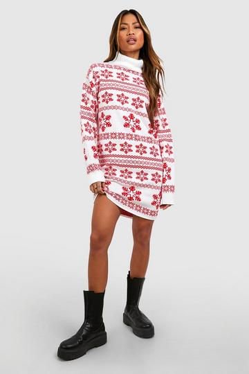 Roll Neck Snowflake And Fairisle Christmas Jumper Dress red