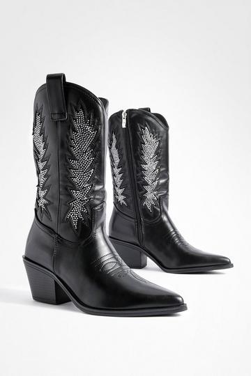 Black Studded Detail Cowboy Boots