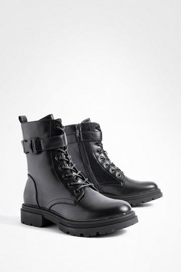 Chunky Buckle Detail Lace Up Combat Boots black