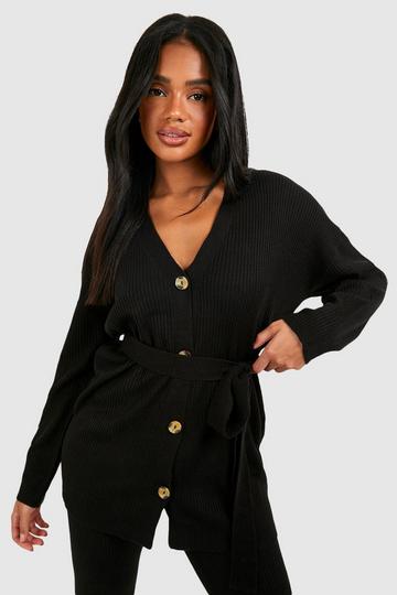 Slouchy Belted Cardigan And Wide Leg Knit Set black
