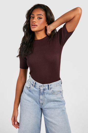 Rib Knit Crew Neck Short Sleeve Knitted Top chocolate