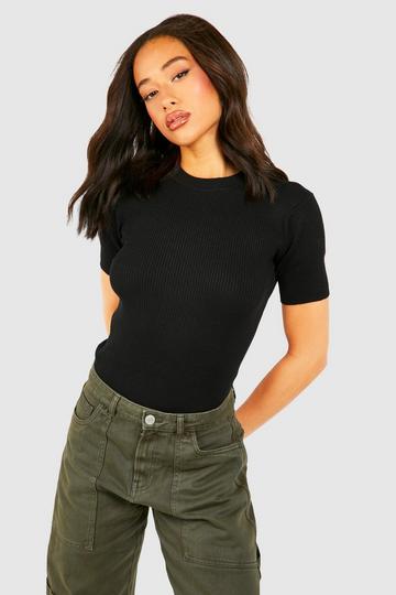 Rib Knit Crew Neck Short Sleeve Knitted Top black
