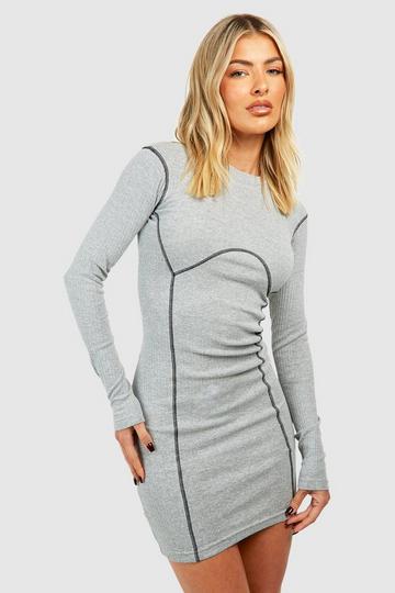 Grey Seam Detail Long Sleeve Bodycon Dress