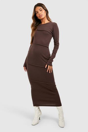 Chocolate Brown Long Sleeve Seam Detail Midaxi Dress