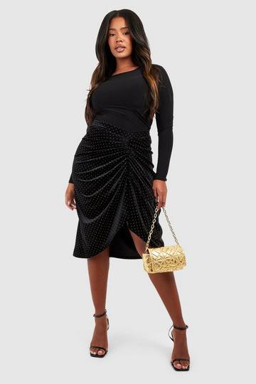 Black Plus Velvet Studded Ruched Midi Skirt