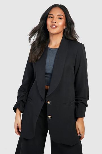Black Plus Woven Ruched Sleeve Blazer