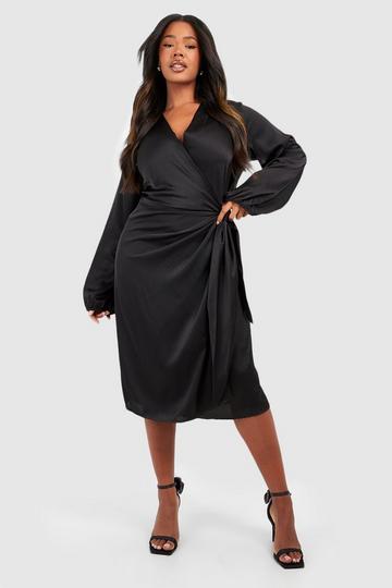 Plus Satin Wrap Midi Dress black