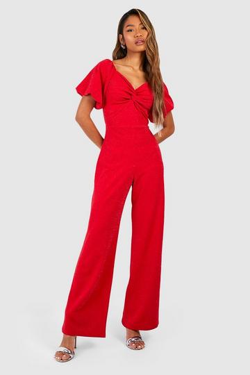 Red Twist Front Puff Sleeve Jumpsuit