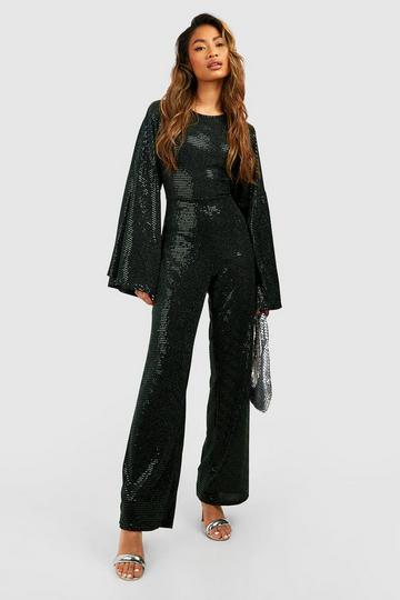 Green Sequin Extreme Flare Sleeve Jumpsuit