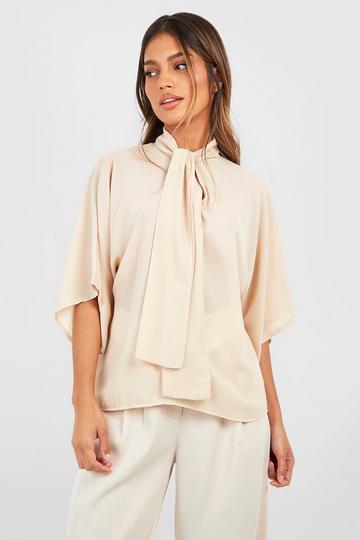 Woven Tie Neck Floaty Flared Sleeve Blouse taupe
