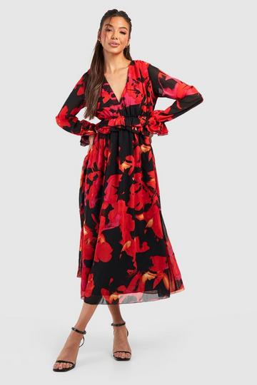 Floral Chiffon Ruffle Midaxi Dress red