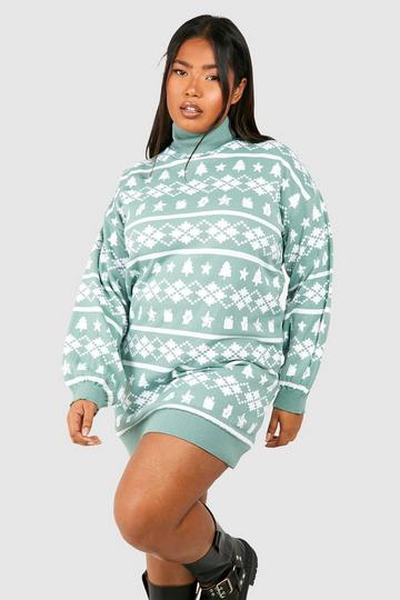 Plus Roll Neck Fairisle Christmas Jumper Dress sage