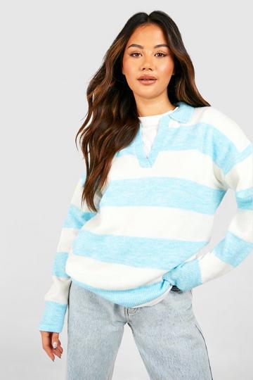 Stripe Soft Knit Polo Collar Sweater bright blue
