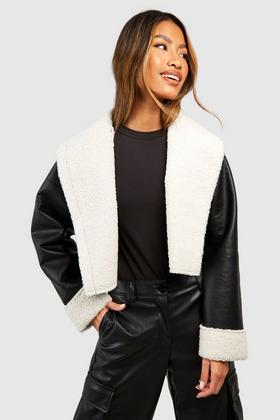 Faux Fur Shawl Collar Belted Faux Leather Coat