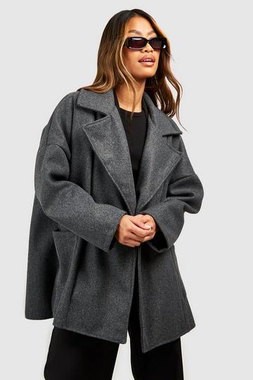 Oversized Collar Wool Look Longline Coat charcoal