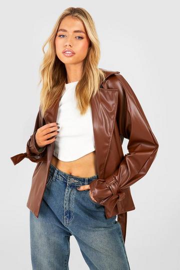 Faux Leather Belted Short Trench Coat brown