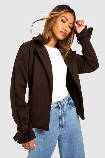 Belted Short Textured Wool Look Trench Coat chocolate