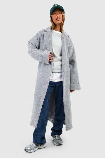 Grey Cuff Detail Belted Textured Wool Look Coat