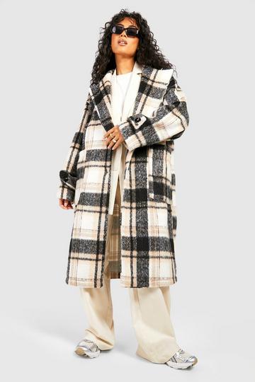 Check Cuff Detail Oversized Wool Look Jacket off white