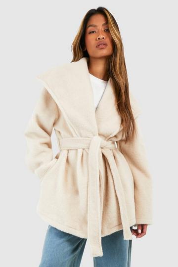 Cream White Textured Shawl Collar Belted Longline Wool Look Coat