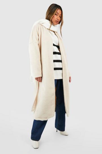 Cream White Textured Wool Look Belted Coat