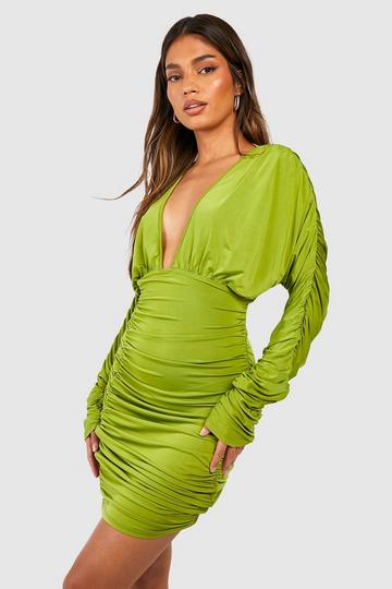 Olive Green Slinky Ruched Plunge Mini Dress