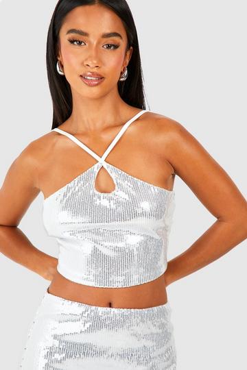 Silver Petite Sequin Strappy Crop Top