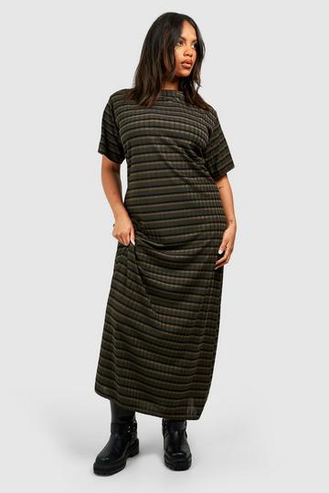 Plus Rib Knitted Stripe T-shirt Dress khaki