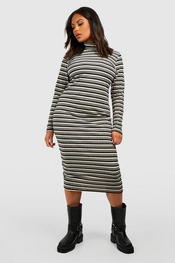 Plus Rib Knitted Stripe Crew Neck Jumper Dress stone