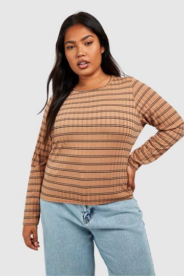 Camel Beige Plus Rib Knitted Crew Neck Top