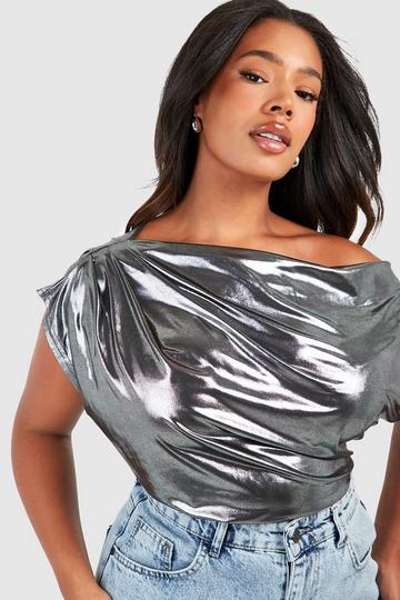 Silver Plus Metallic Drape One Shoulder Top