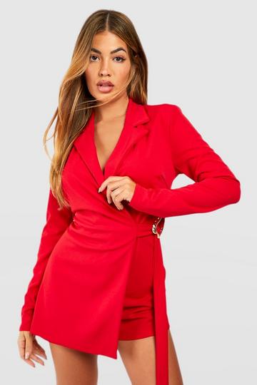 Abstract Buckle Tailored Romper red