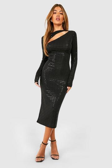 Cut Out Assymetric Sequin Long Sleeve Midi Dress black