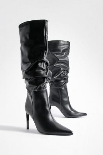 Black Wide Width Ruched Stiletto Pointed Toe Boots