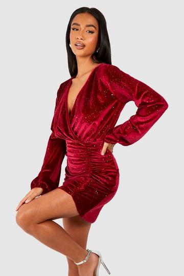 Burgundy Red Petite Velvet Wrap Mini Dress