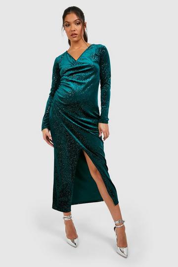 Maternity Wrap Over Velvet Midi Dress emerald