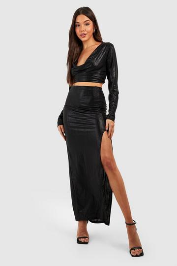Metallic Cowl Top & Maxi Skirt Set black