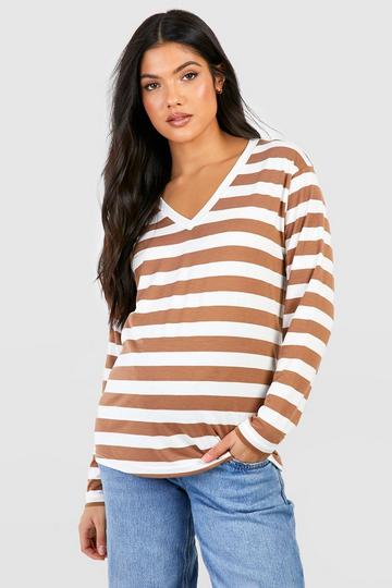 Maternity Collared Striped Long Sleeve T-shirt camel