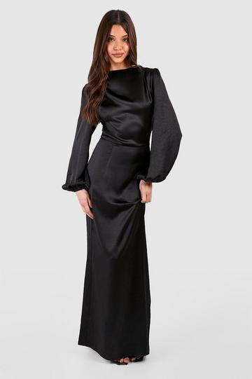 Black Satin Blouson Sleeve Maxi Dress