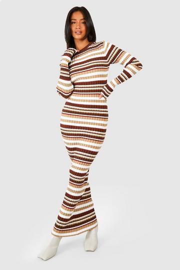 Petite Mixed Stripe Midi Knitted Dress chocolate