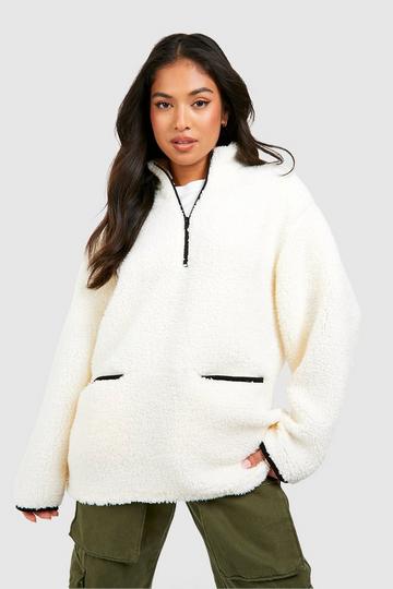 Ecru White Petite Borg Contrast Half Zip Sweater
