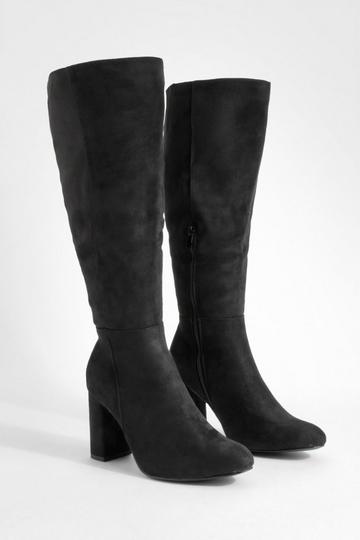 Black Wide Fit Block Heel Knee High Pull On Boots