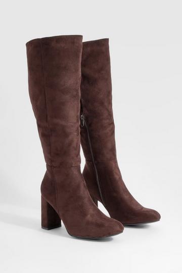 Wide Fit Block Heel Knee High Pull On Boots chocolate