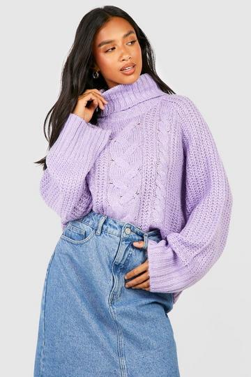 Lilac Purple Petite Turtleneck Cable Sweater